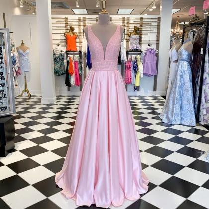 Pink V-Neck Prom Dresses,Fancy Dres..