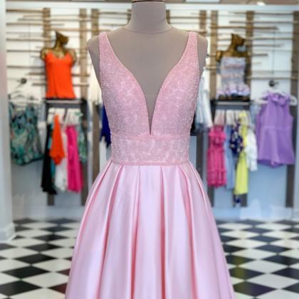 Pink V-Neck Prom Dresses,Fancy Dres..