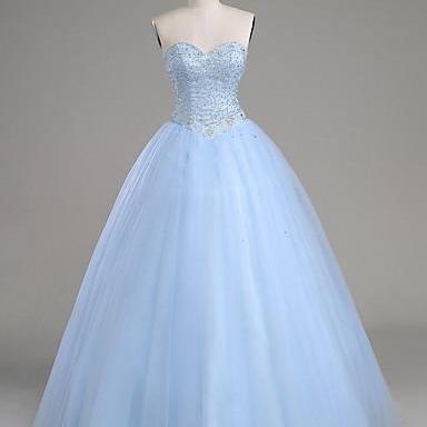 Strapless Sweetheart Beaded Tulle Prom Gown in Light Blue