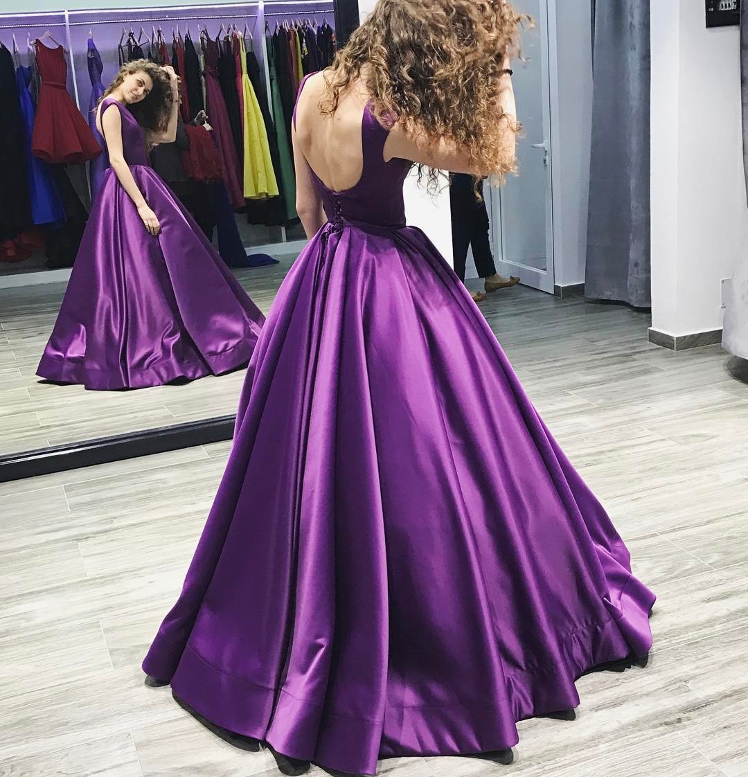 lavender satin prom dress