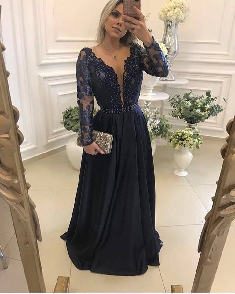 navy evening gowns with sleeves