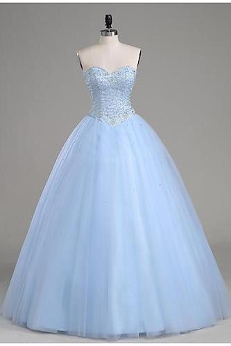 Strapless Sweetheart Beaded Tulle Prom Gown in Light Blue