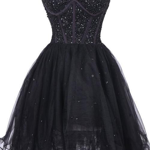 Black Beaded Embellished Sweetheart Short Tulle Homecoming Dress on Luulla