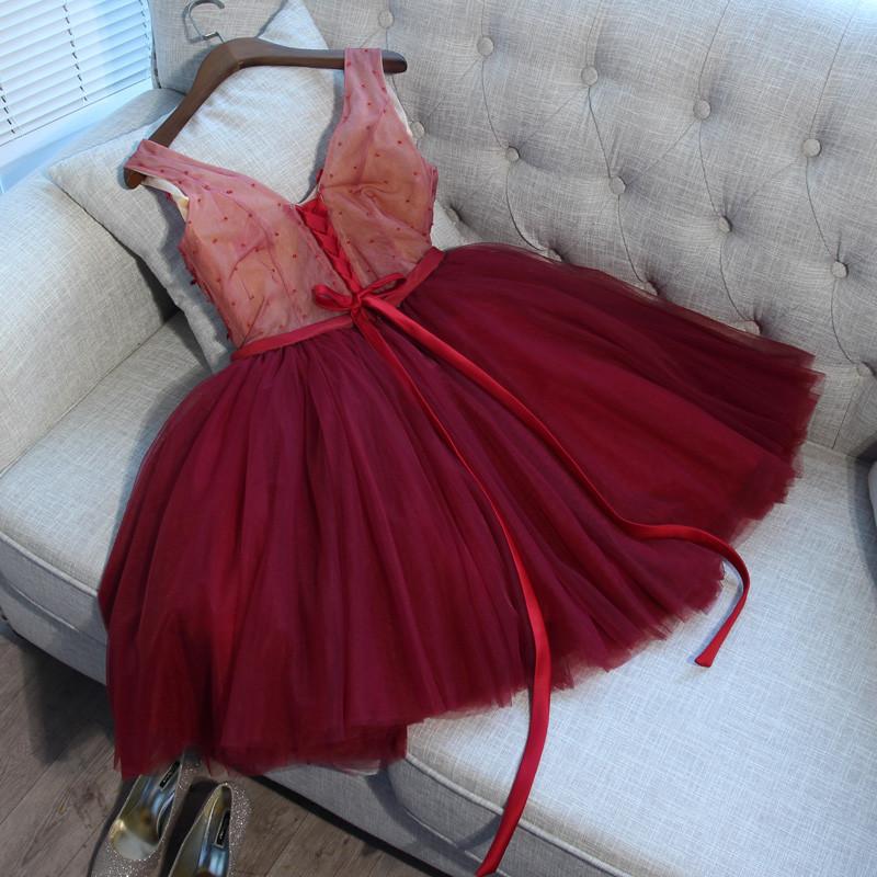 Burgundy 2018 Homecoming Dresses A line High Collar Knee Length Long Sleeves Appliques Lace 